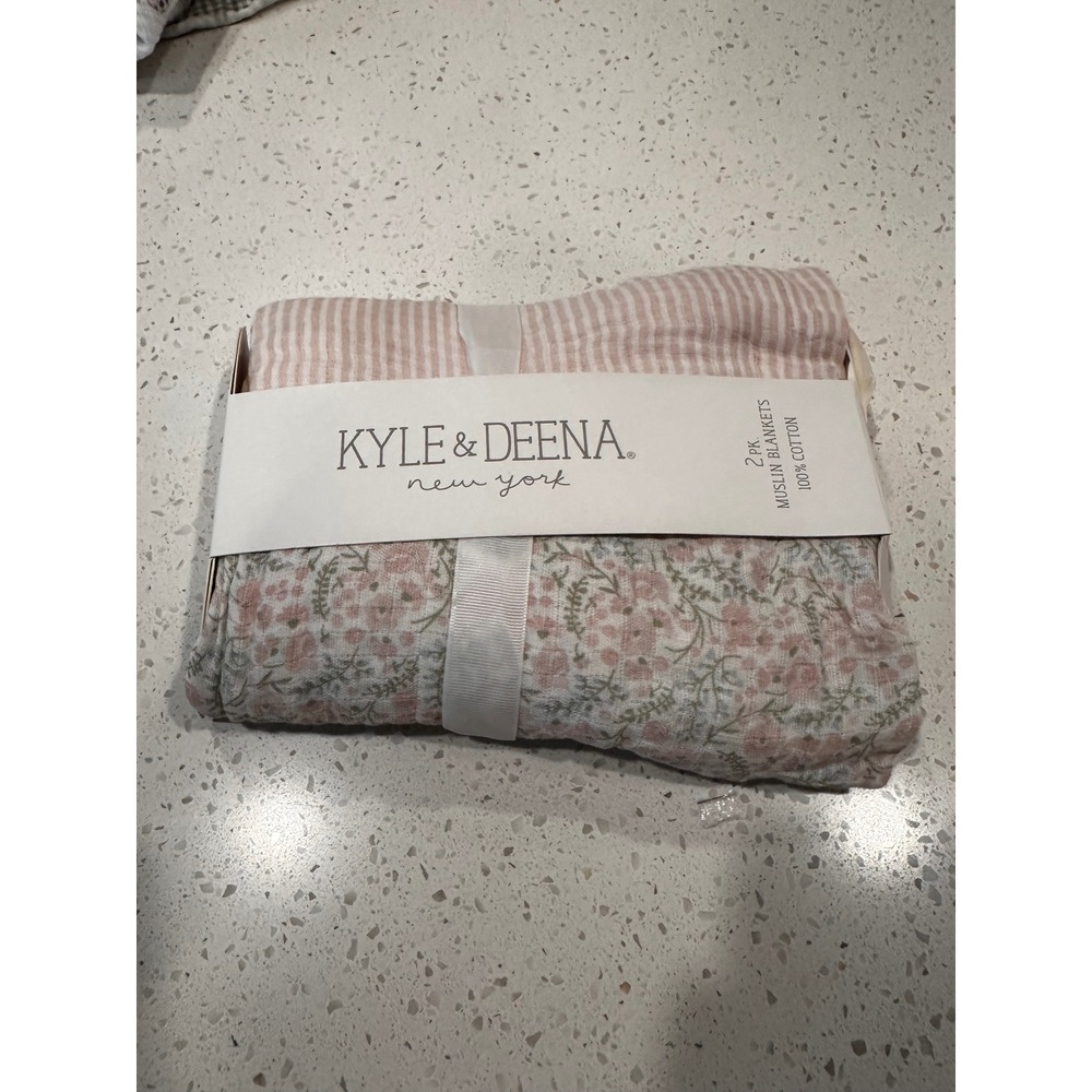 Kyle & Deena 2Pk Muslin Swaddle Blankets Pink Floral Stripe 100% Cotton 36x40
